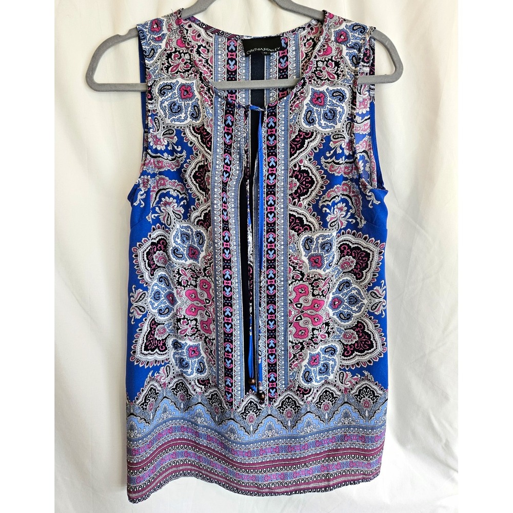 Cynthia Rowley Womens M Blue Pink Paisley Tunic Blouse Sleeveless Scoop Neck